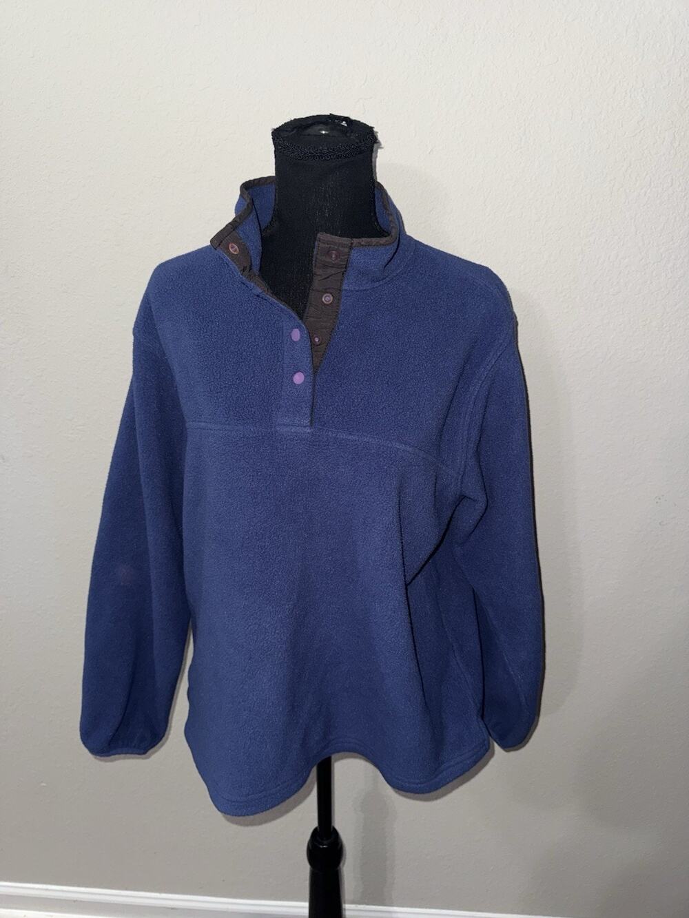 Vintage Lands' End Womens Fleece Pullover Snap Button Collar Sweater Blue M